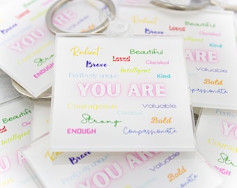 Acrylic positive affirmation keychain, 2" x 2" keychain, luggage tag