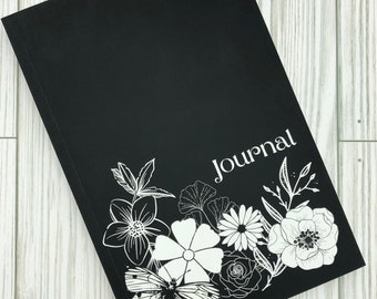 Black and white flower journal, 6” x 9” blank journal, 200 lined pages, paperback, matte finish