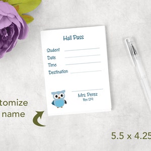 Personalized blue owl teacher's hall pass notepad hallpass image 1