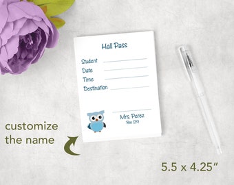 Personalized blue owl teacher's hall pass notepad  hallpass