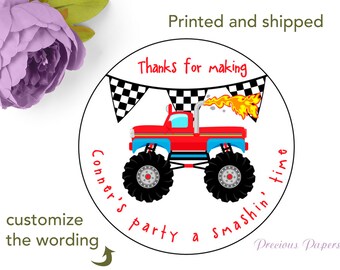 20 Personalized Monster Truck favor Stickers monster truck Party Favors Round Labels monster truck Return address label