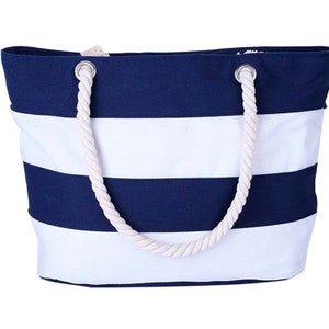 Navy blue striped Or Pink striped canvas tote bag with rope handles Blank image 2