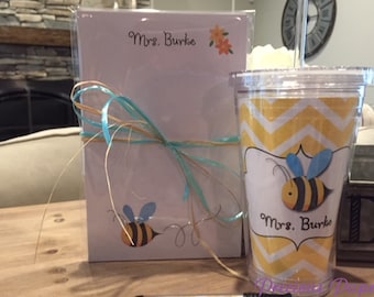 Personalized Teacher Bee notepad and tumbler set Teacher notepads tumblers Gifts