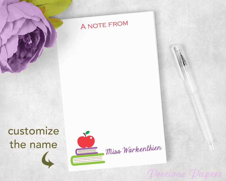 Personalized Teacher note pads with books and an apple Personalized teacher gift note pads librarian gift image 1