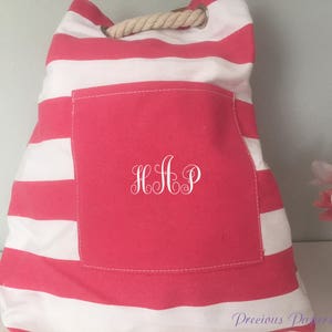 Personalized striped, pink backpack with rope handle, monogrammed beach bag, custom monogram backpack,