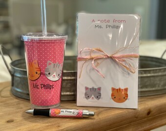 Personalized Cat notepad pen and tumbler set Teacher notepads tumblers Cat Lover Gift Teacher Gifts