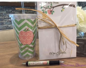 Personalized Teacher Gift set | Custom Teacher notepad, tumbler, pen Appreciation Gifts |Apple Tree notepad set