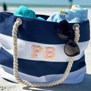 Personalized monogrammed blue striped canvas tote bag with Pink Chenille Lettering image 1