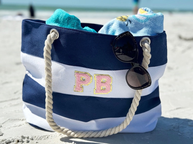 Personalized monogrammed blue striped canvas tote bag with Pink Chenille Lettering image 1