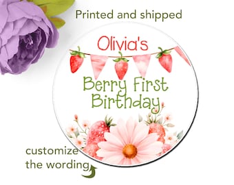 Personalized Strawberry First Birthday Stickers: Party Favor Labels