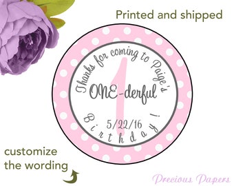 2" round Personalized PRINTED pink and gray 1st birthday sticker girls first birthday stickers