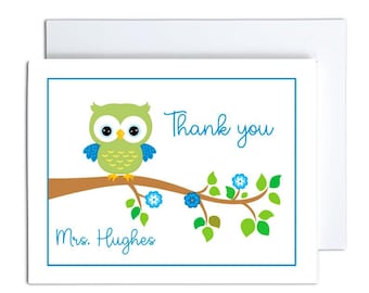 Personalized Blue Green Owl note cards stationery thank you notes teacher note cards Owl on a Branch teacher gift