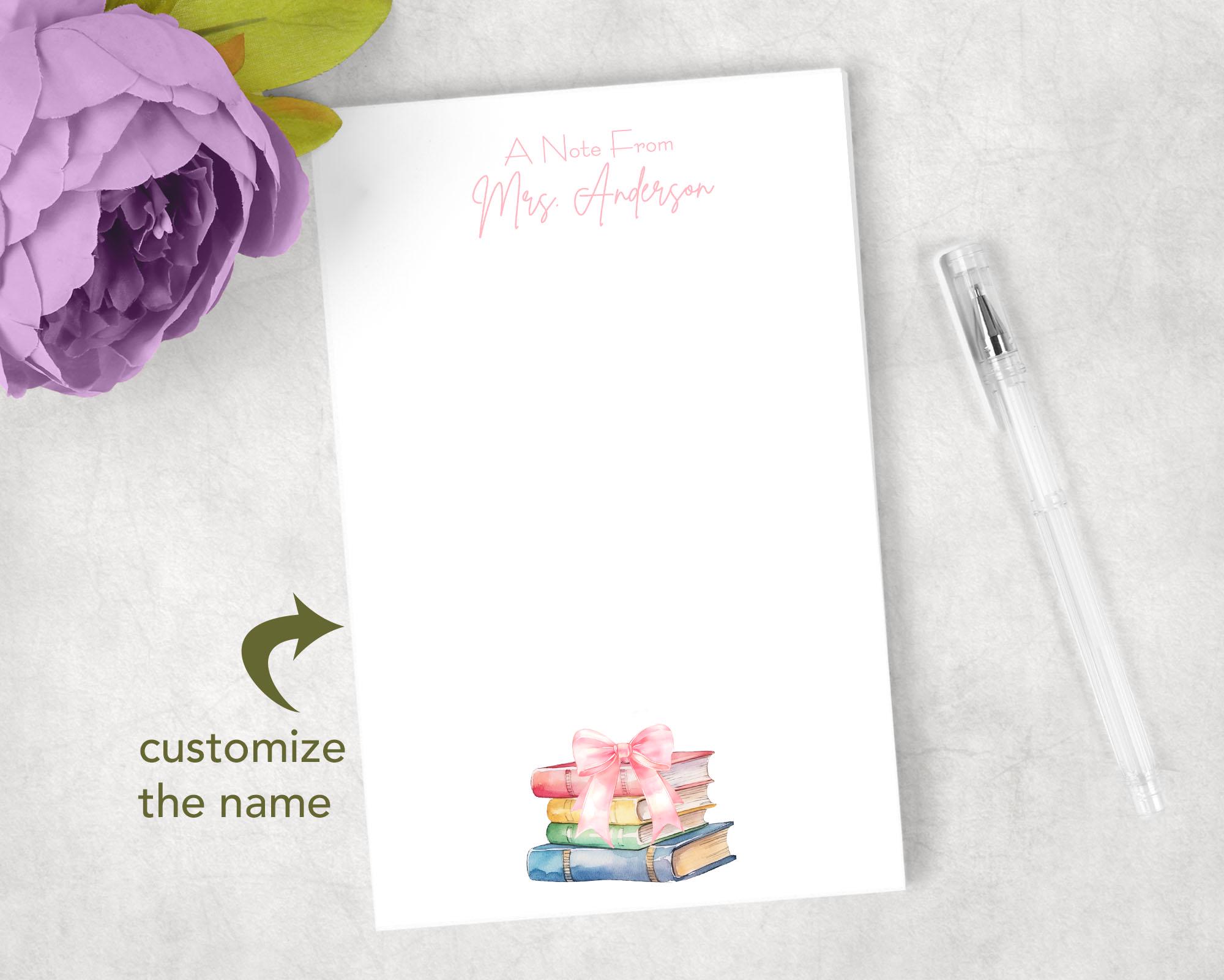 Custom Teacher Notepad With Pink Books and Bow, Personalized Coquette ...