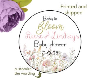 Personalized Baby In Bloom Baby Shower Sticker Wildflower stickers labels