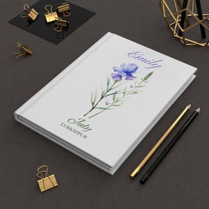 Personalized July Birth Month Floral Hardcover Journal - Larkspurs Design July Birth Flower