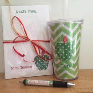 Personalized Teacher Gift Set with Polka Dot Apple Tumbler and Notepad | Customizable Teacher Notepad, Appreciation Gifts image 2