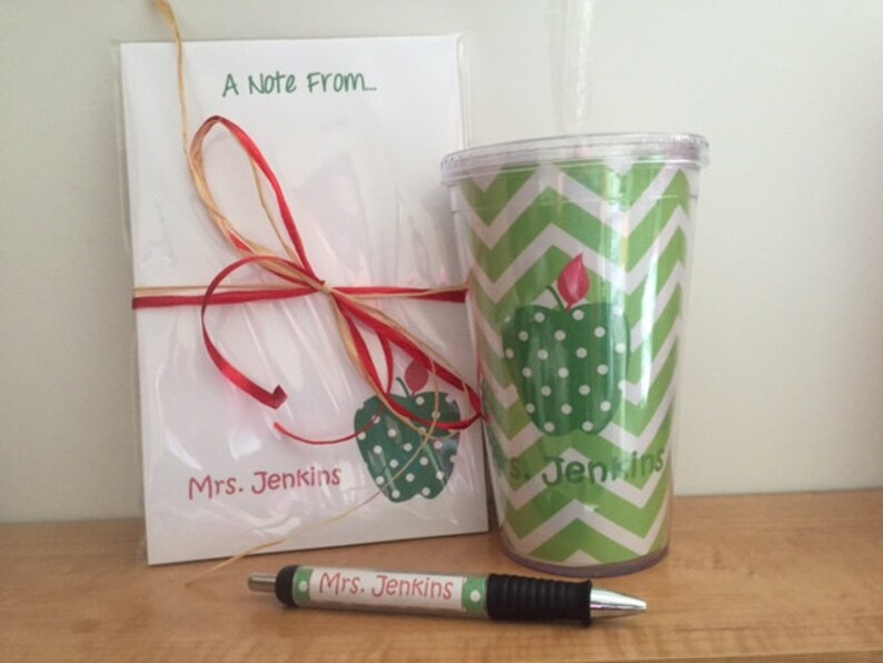 Personalized Teacher Gift Set with Polka Dot Apple Tumbler and Notepad | Customizable Teacher Notepad, Appreciation Gifts image 2