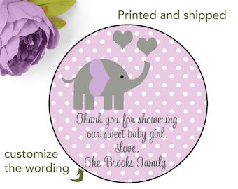 24 Personalized PRINTED purple elephant baby shower sticker purple polka dot baby shower favor stickers purple elephant labels