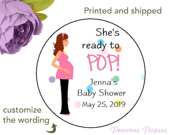 Ready to POP pink baby shower sticker pink baby shower favor stickers pink Personalized and PRINTED