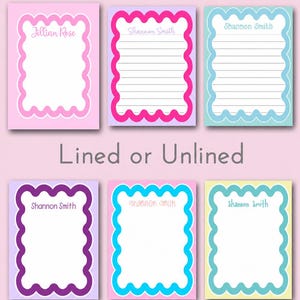 Personalized Wavy Notepad Lined/Unlined Choice of Colors, Custom Wavy Border Notepad, Boys Girls Teen Notepads, Kids Stationery, Camp Notes