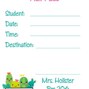 Personalized cactus teachers hall pass notepad succulent design hallpass image 3