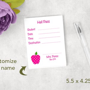 Pink school teacher hall pass notepad, apple hall pass notes, hall pass for school, paper hall passes