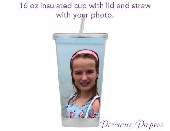 Personalized 16 oz insulated tumbler with lid and straw, custom photo mug, monogrammed cup, teen girl gift, picture gift, BPA-free plastic
