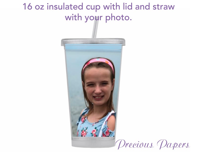 Personalized 16 oz insulated tumbler with lid and straw, custom photo mug, monogrammed cup, teen girl gift, picture gift, BPA-free plastic image 1