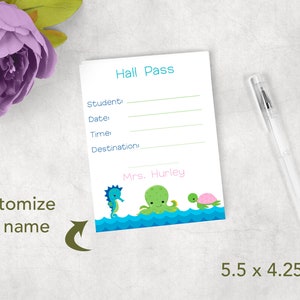 Personalized ocean hall pass, teacher&#39;s hall pass notepad, ocean design hallpass
