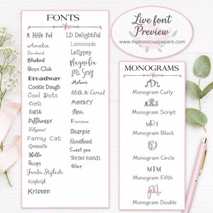 Op de afbeelding: Een lettertype- en monogramselectiegids met een lijst van diverse lettertypes onder de kop FONTS en een lijst van monogramstijlen onder de kop MONOGRAMS. Een ovaal label bovenaan toont Live font Preview www.mypreciouspapers.com.