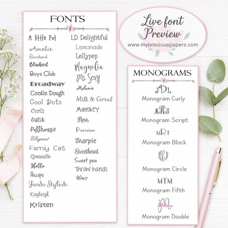 Op de afbeelding: Een lettertype- en monogramselectiegids met een lijst van diverse lettertypes onder de kop FONTS en een lijst van monogramstijlen onder de kop MONOGRAMS. Een ovaal label bovenaan toont Live font Preview www.mypreciouspapers.com.