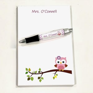 Custom Owl notepad and Pen set, Personalized Pink Owl Pen and Notepad, Teacher notepads, classroom gift