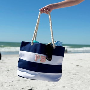 Personalized monogrammed blue striped canvas tote bag with Pink Chenille Lettering image 3