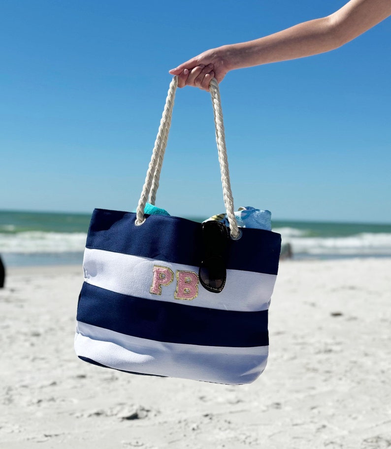 Personalized monogrammed blue striped canvas tote bag with Pink Chenille Lettering image 3