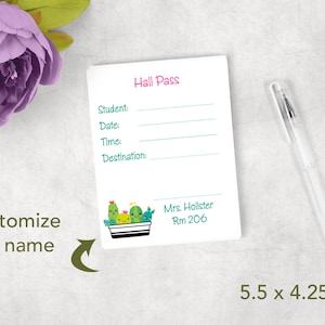 Personalized cactus teacher's hall pass notepad, custom succulent design hall pass, Paper Hall Passes
