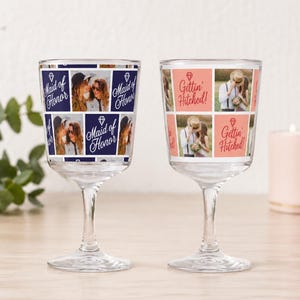 May include: Two clear plastic wine glasses featuring custom photo collages. The left glass has navy blue squares with the text Maid of Honor and a diamond icon. The right glass has coral squares with the text Gettin' Hitched! and a diamond icon.