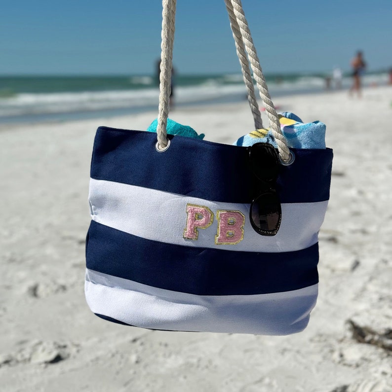 Personalized monogrammed blue striped canvas tote bag with Pink Chenille Lettering image 2