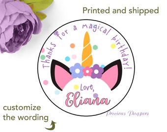 Unicorn stickers personalized,  printed and shipped to you, unicorn stickers for treat bags or unicorn birthday party