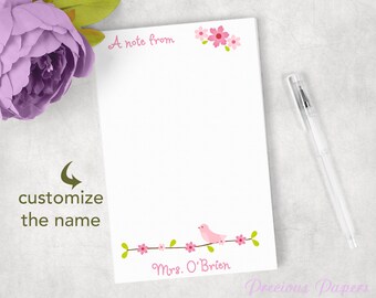 Flower and bird pink bird notepads floral vine Personalized Housewarming, teacher gift