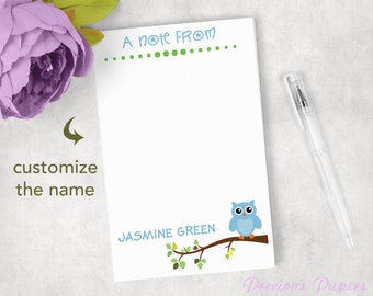 Personalized blue owl note pads Owl on a branch, great for a teacher.