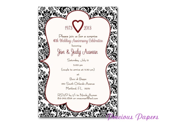 Black And Whtie Damask Invitations 40th Anniversary Party Etsy
