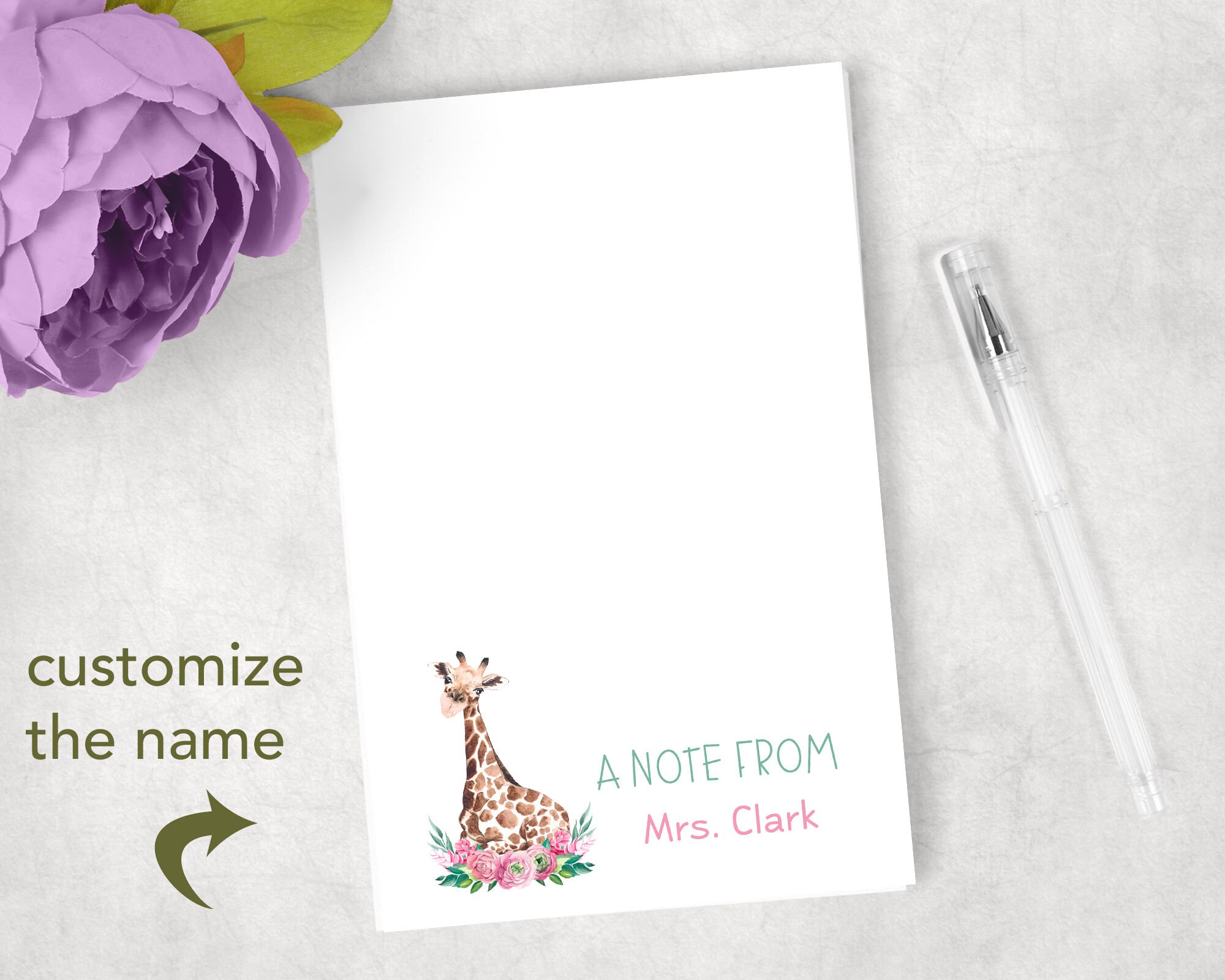 Personalized Watercolor Giraffe Notepad, Custom Adult Giraffe Gift ...