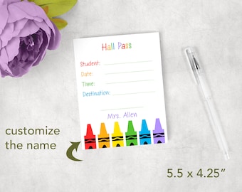 Pase de pasillo personalizado para maestros de escuela bloc de notas diseño de crayones hallpass