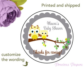 20 - 2" round Personalized PRINTED yellow owl baby shower sticker gray and yellow owl baby shower favor stickers