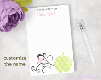 Teacher note pads Personalized with bird and apple pink green gray