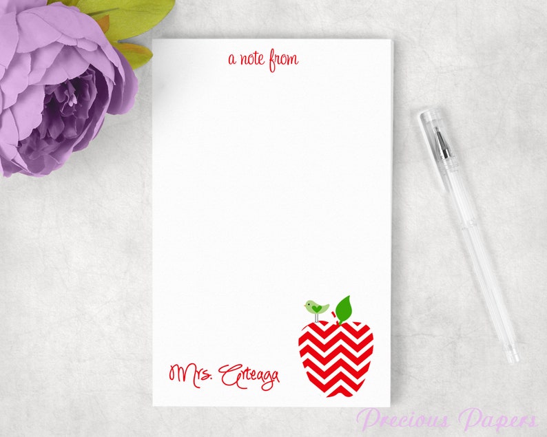 Personalized Red Teacher note pads Personalized teacher gift Personalized teacher red chevron apple notepad apple note pad image 1