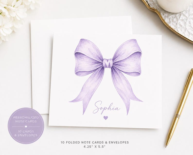 Personalized Lavender Bow Note Cards, Custom Stationery Set, Coquette ...