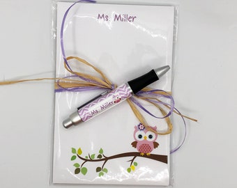 Personalized  owl pen and note pad Owl note pad and Pen set Teacher note pads teacher pens