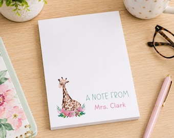 Personalized Watercolor Giraffe Notepad, Custom Adult Giraffe gift, Giraffe Classroom, Custom Giraffe Notepad
