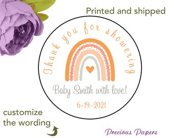 Personalized PRINTED Boho Rainbow  Baby Shower stickers or labels Rainbow Theme Shower